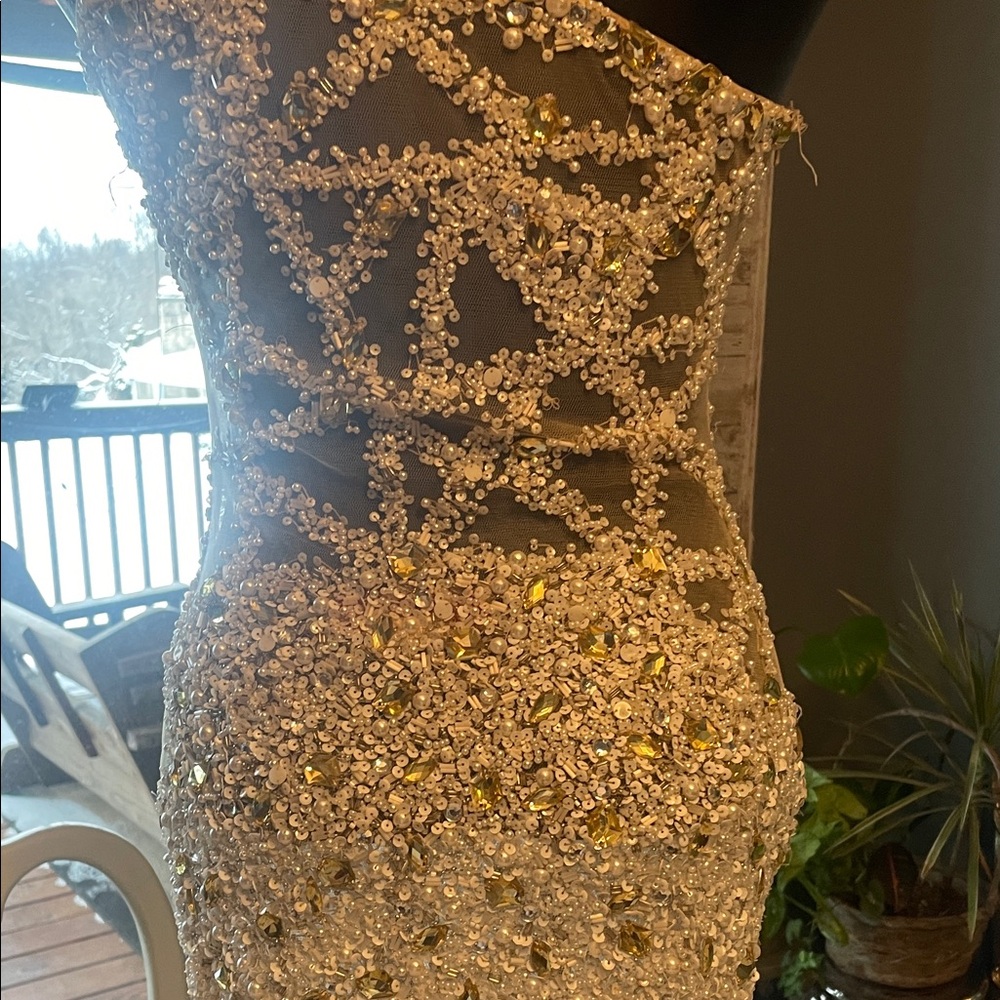 Jovani Cream One-Shoulder Prom Dress - Picture 5 of 9